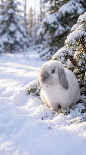 White Holland Lop Bunny in Snow