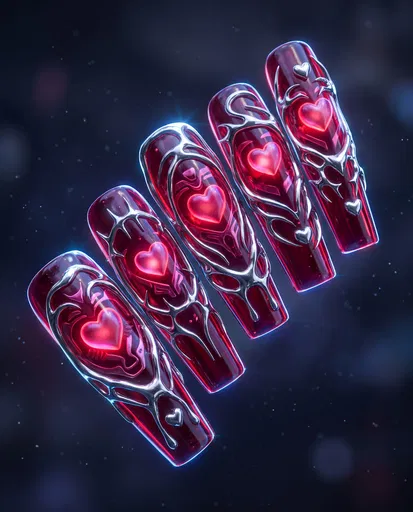 Futuristic Red and Silver Valentine Nail Tips