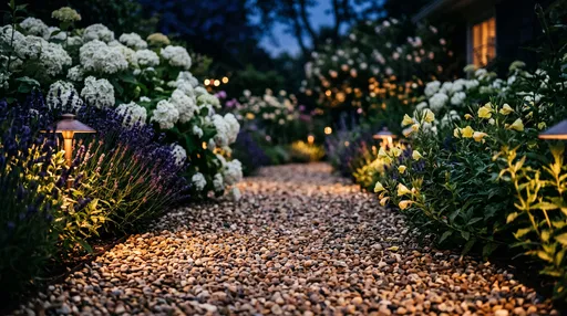Illuminated Gravel Garden Path at Twilight
