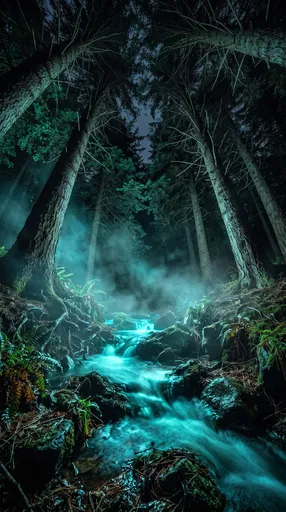 Glowing Cyan Stream in Dark Forest