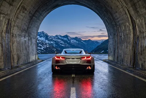Silver Supercar in Mountain Tunnel