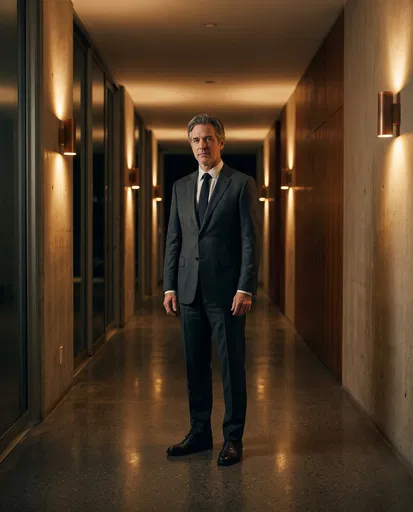 Businessman Standing in Modern Lit Corridor