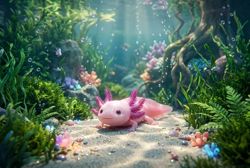 Cute Pink Axolotl in Underwater Garden