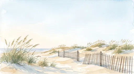 Watercolor Coastal Sand Dunes and Fence