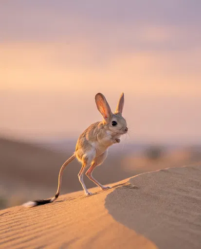 Long-Eared Jerboa on Desert Dune at Sunset