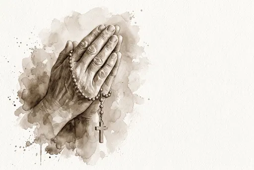 Sepia Watercolor Praying Hands With Rosary