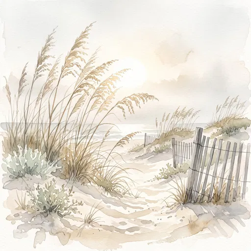Watercolor Coastal Sand Dunes With Sea Oats
