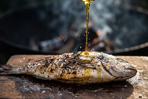 Olive Oil Drizzling Over Grilled Fish