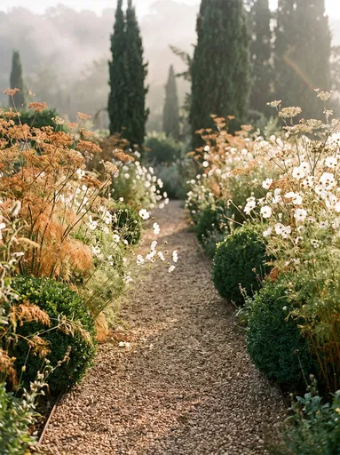 Sunlit Gravel Path in Misty Garden