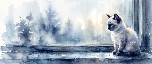 Watercolor Siamese Kitten on Misty Windowsill