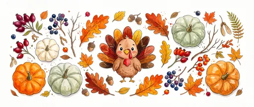 Watercolor Cartoon Turkey and Autumn Elements Banner