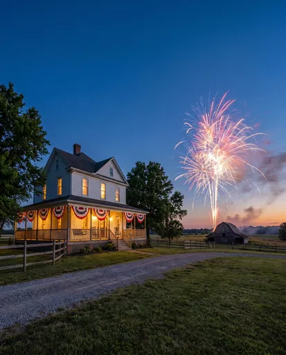 Farmhouse with Fireworks at Dusk