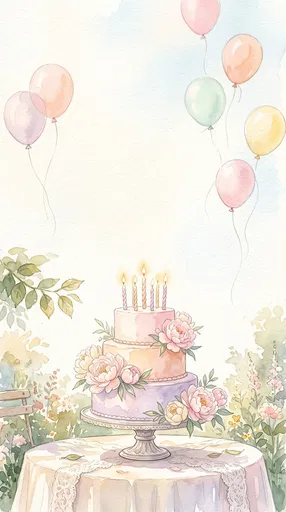 Watercolor Pastel Birthday Cake and Balloons