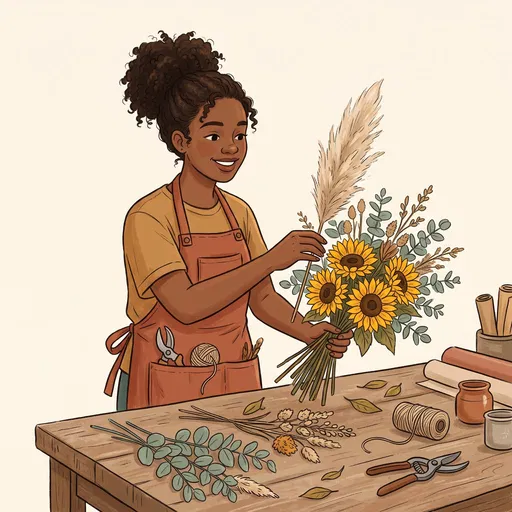 Florist Arranging Sunflower and Eucalyptus Bouquet