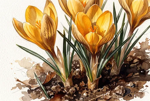 Golden Yellow Crocus Botanical Watercolor Painting