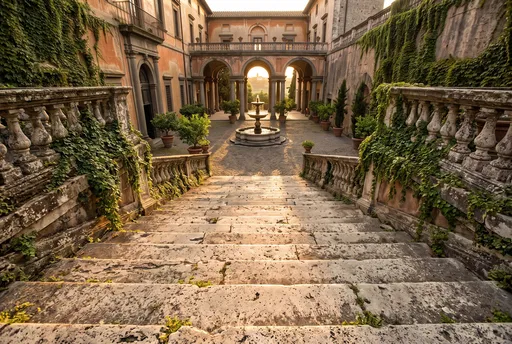 Sunlight Over Italian Renaissance Palazzo Courtyard Steps
