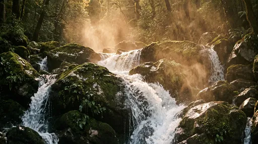 Sunlit Mountain Cascade Over Mossy Boulders