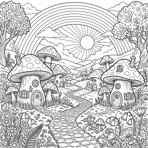 Enchanted Mushroom Village Rainbow Coloring Page