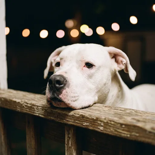 White Dog Resting on Porch Railing