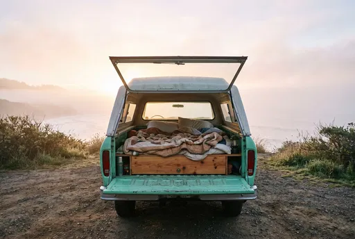 Vintage Mint Pickup Camper at Foggy Coast
