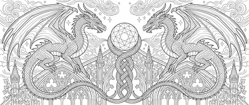 Symmetrical Twin Dragons Gothic Coloring Page