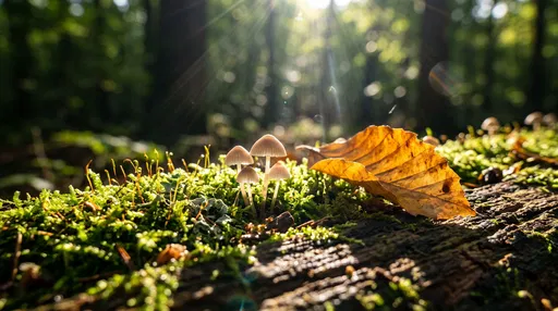 Tiny Mushrooms and Leaf on Mossy Log