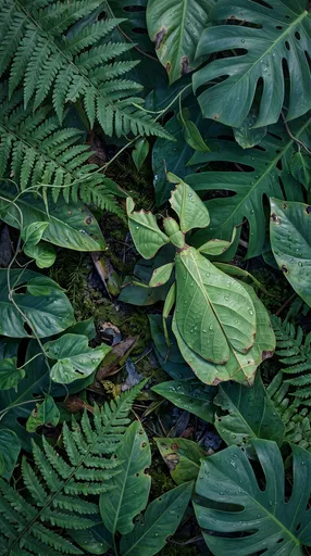 Green Leaf Insect Camouflaged on Tropical Foliage