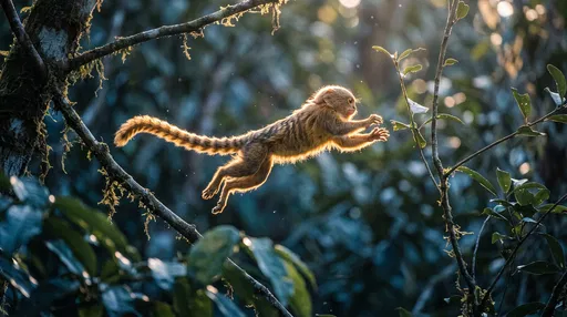 Pygmy Monkey Leaping Between Forest Branches