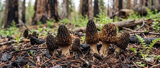Black Morel Mushrooms in Charred Forest