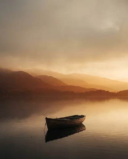 Wooden Rowboat on Misty Golden Lake