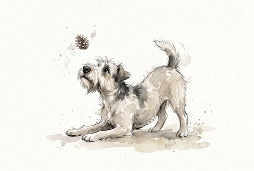 Watercolor Terrier Playing With Pine Cone