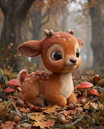 Cute 3D Cartoon Fawn in Autumn Forest