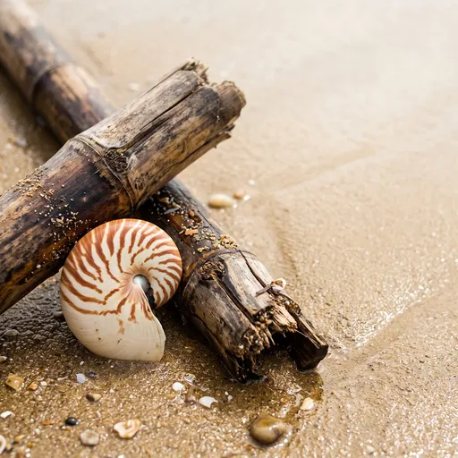 Nautilus Shell and Bamboo on Sand