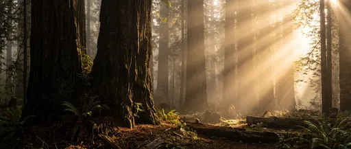 Golden Sunbeams in Misty Redwood Forest