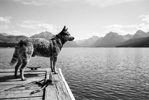 Australian Cattle Dog on Mountain Lake Dock