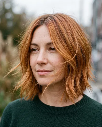 Woman With Copper Choppy Bob Haircut
