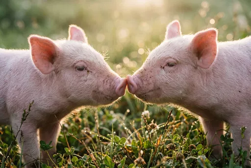 Two Pink Piglets Touching Snouts in Meadow