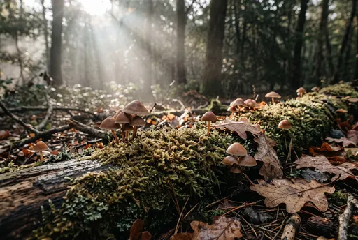 Wild Mushrooms on Mossy Fallen Log