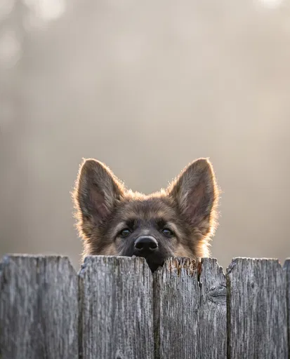 German Shepherd Puppy Peeking Over Fence
