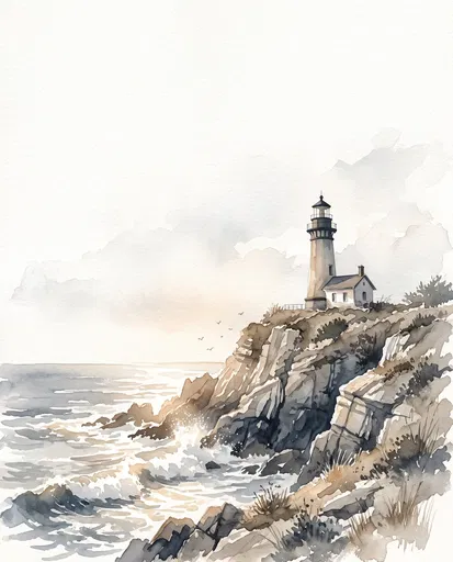 Watercolor Coastal Lighthouse on Rocky Bluff