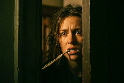 Anxious Woman in Doorway with Toothbrush