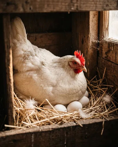 White Hen Nesting on Eggs in Coop