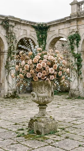Stone Urn With Neutral Roses In Courtyard