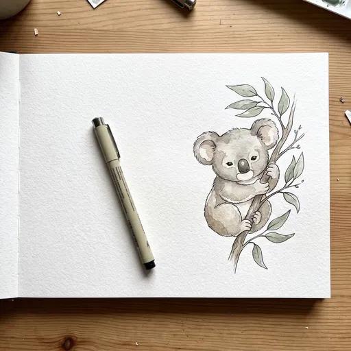Watercolor Koala Illustration in Sketchbook with Pen