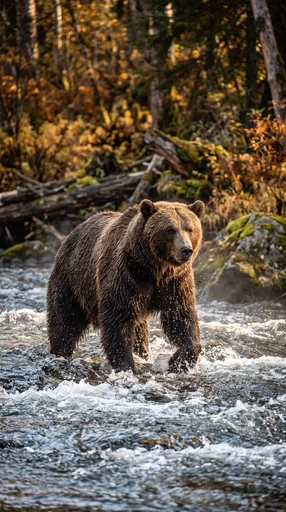 Brown Bear Wading in Autumn River