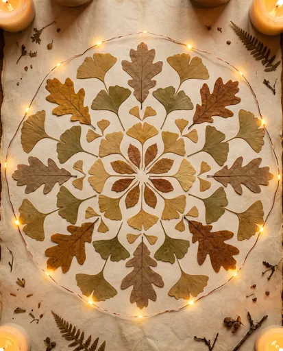 Pressed Autumn Leaves Mandala with Lights