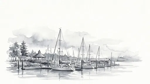 Monochrome Watercolor Sailboats at Marina