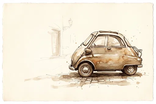 Vintage Microcar Sepia Ink Wash Sketch