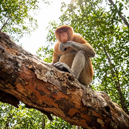 Proboscis Monkey Perched on Branch