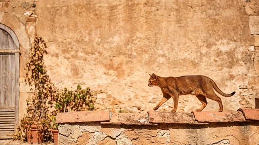 Abyssinian Cat Walking on Terracotta Wall